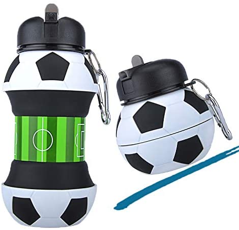 Football Soccer Silicone Water Bottle with Straw Foldable